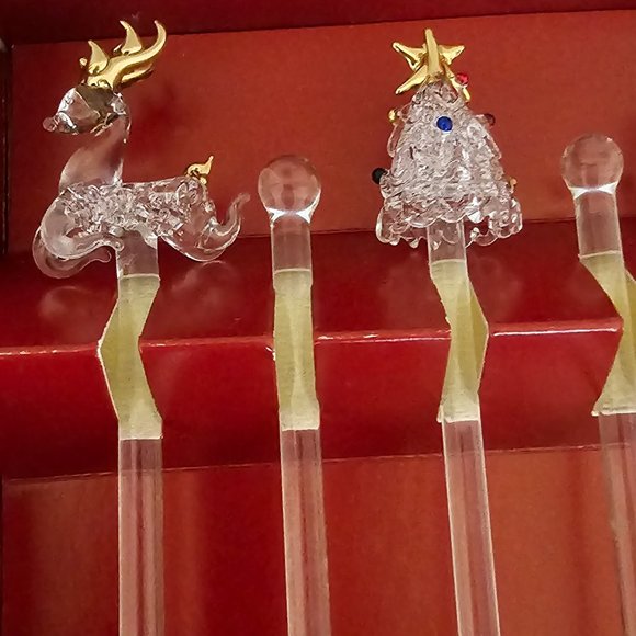 NIB Boston Warehouse Blown Glass Christmas Swizzle Stirs Reindeer Tree Snowflake - Picture 2 of 5